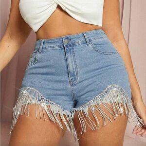 SHEIN Light Blue Denim Rhinestone Fringe Shorts NWOT